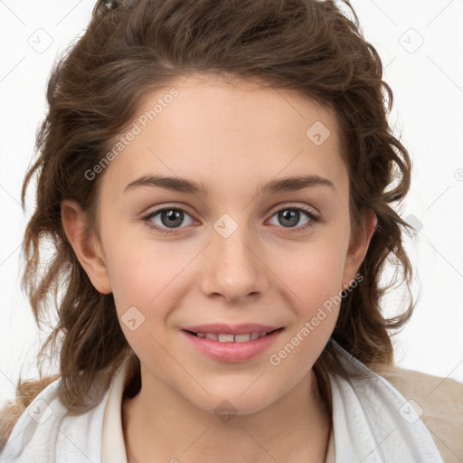 Joyful white child female with medium  brown hair and brown eyes