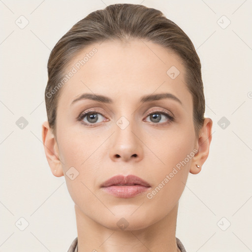 Neutral white young-adult female with short  brown hair and brown eyes