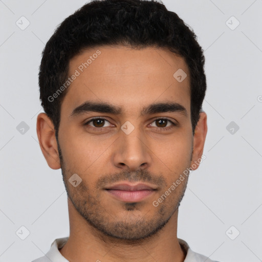 Neutral latino young-adult male with short  black hair and brown eyes