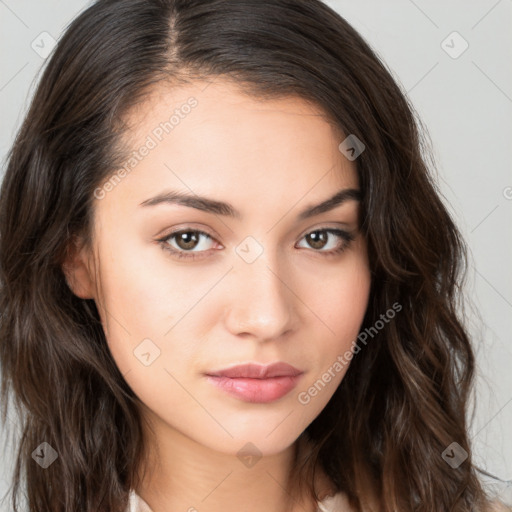 Neutral white young-adult female with long  brown hair and brown eyes