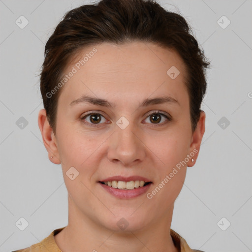 Joyful white young-adult female with short  brown hair and brown eyes