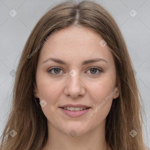 Joyful white young-adult female with long  brown hair and grey eyes