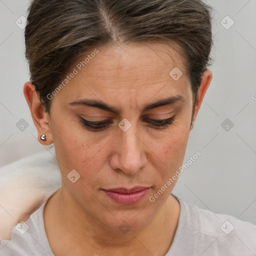 Joyful white adult female with short  brown hair and brown eyes