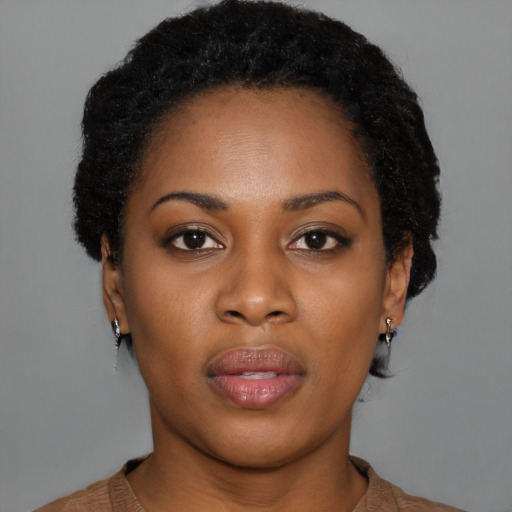 Neutral black young-adult female with short  black hair and brown eyes