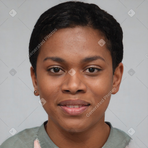 Joyful black young-adult female with short  black hair and brown eyes