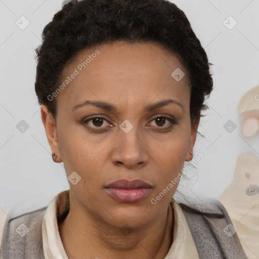 Neutral black adult female with short  brown hair and brown eyes