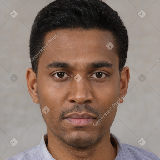 Neutral black young-adult male with short  black hair and brown eyes