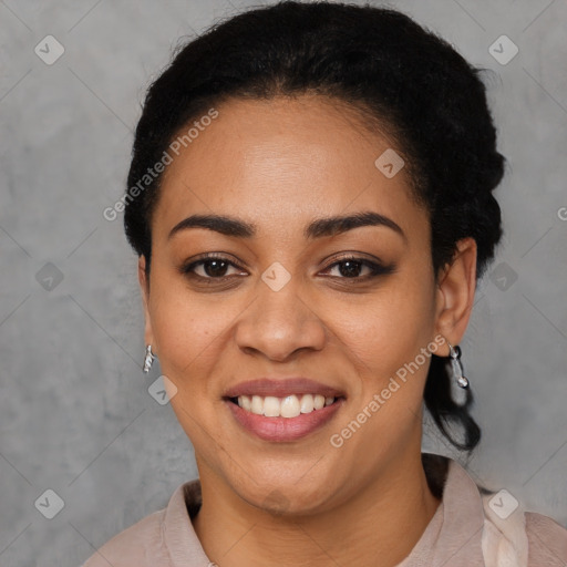 Joyful latino young-adult female with short  black hair and brown eyes