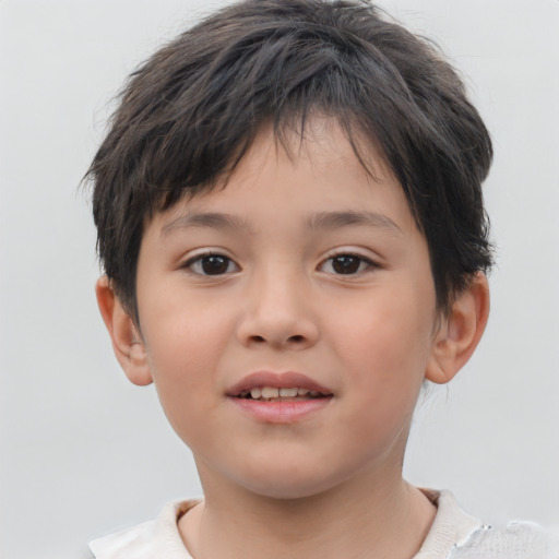 Joyful asian child female with short  brown hair and brown eyes
