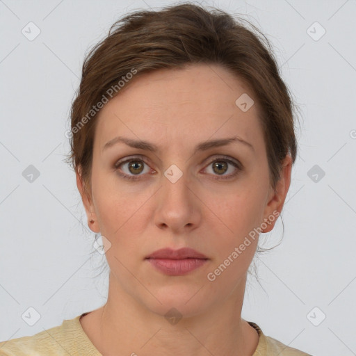 Neutral white young-adult female with short  brown hair and brown eyes