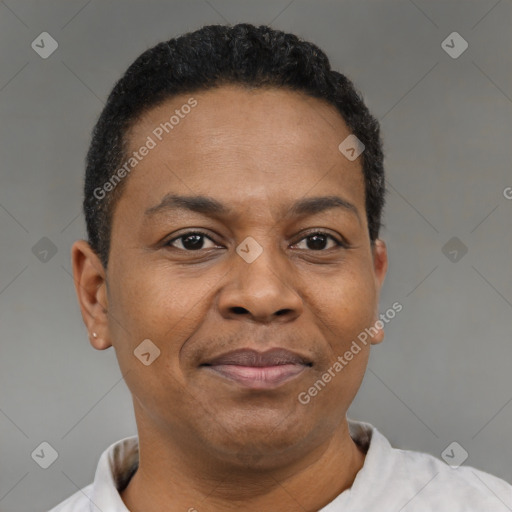 Joyful black adult male with short  brown hair and brown eyes