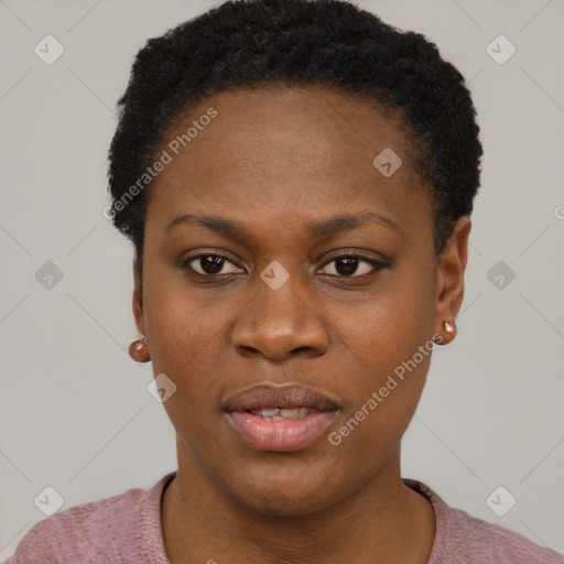 Neutral black young-adult female with short  black hair and brown eyes