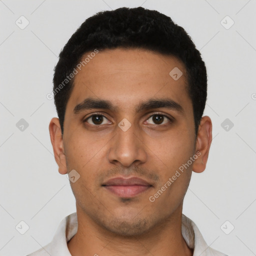 Neutral latino young-adult male with short  black hair and brown eyes