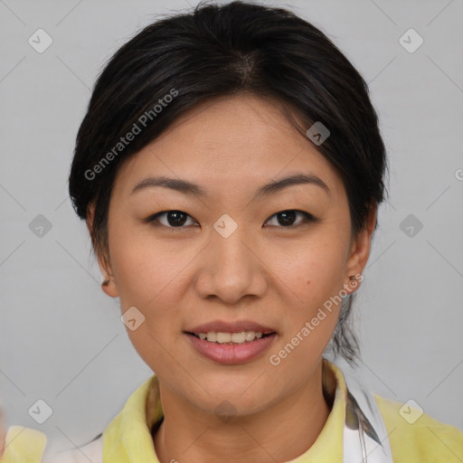 Joyful asian young-adult female with short  brown hair and brown eyes