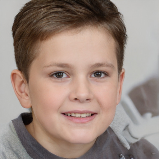 Joyful white child female with short  brown hair and brown eyes