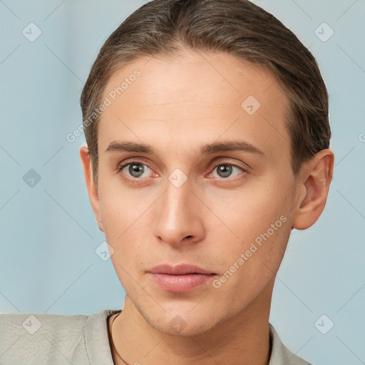 Neutral white young-adult male with short  brown hair and brown eyes