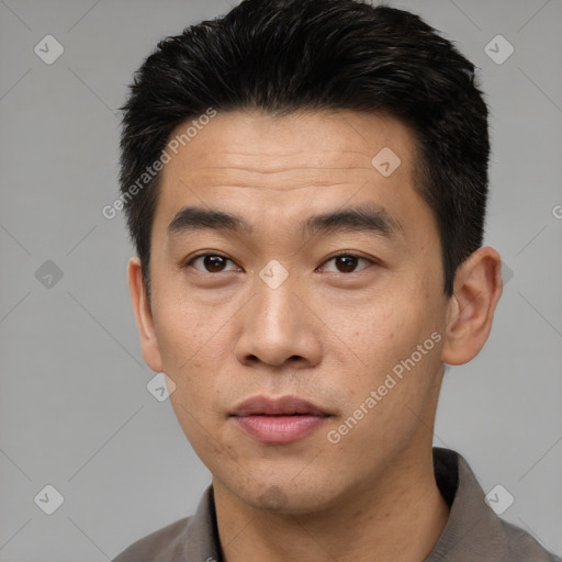 Neutral asian young-adult male with short  black hair and brown eyes