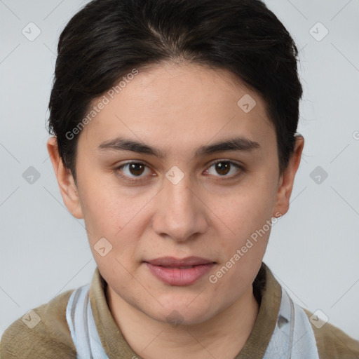 Joyful white young-adult female with short  brown hair and brown eyes