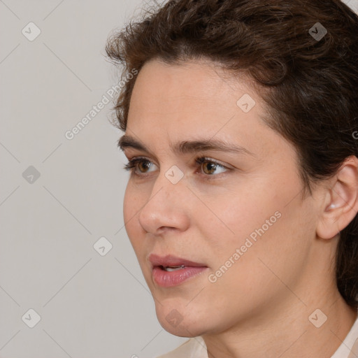 Neutral white young-adult female with short  brown hair and brown eyes