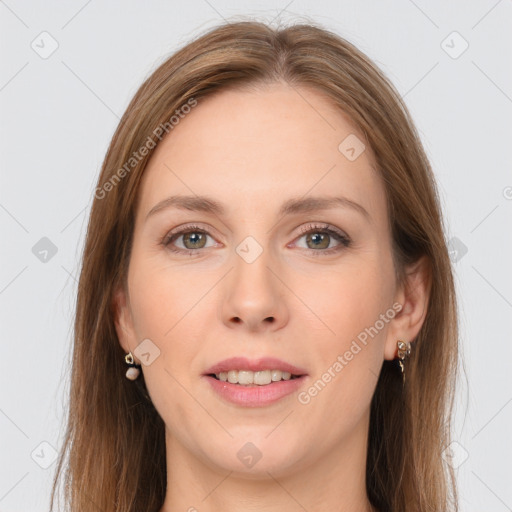 Joyful white young-adult female with long  brown hair and grey eyes