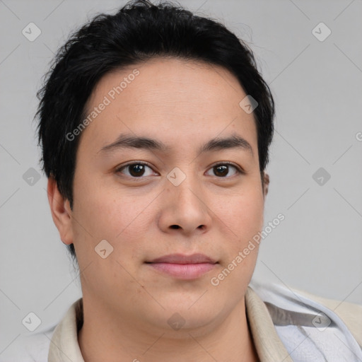 Neutral asian young-adult male with short  brown hair and brown eyes