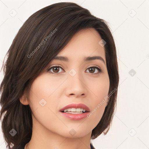 Joyful asian young-adult female with long  brown hair and brown eyes