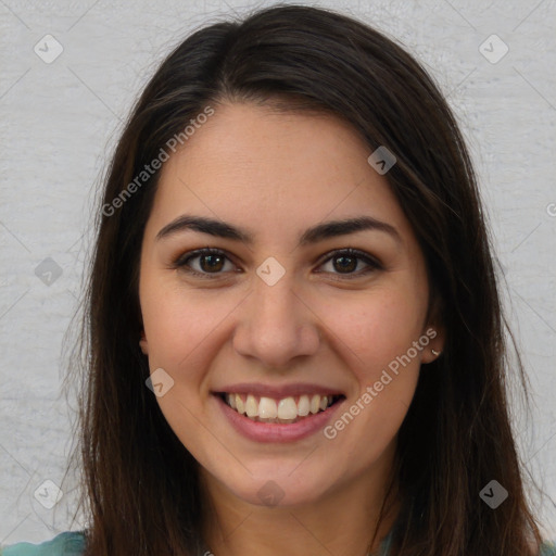 Joyful white young-adult female with long  brown hair and brown eyes