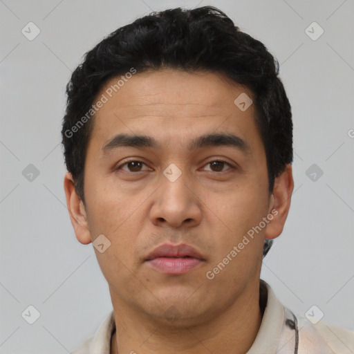 Neutral latino young-adult male with short  black hair and brown eyes