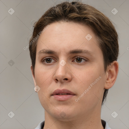 Neutral white young-adult female with short  brown hair and brown eyes