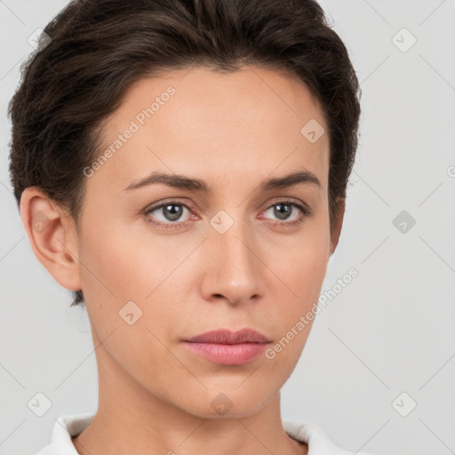 Neutral white young-adult female with short  brown hair and brown eyes