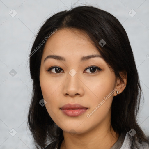 Neutral asian young-adult female with medium  black hair and brown eyes