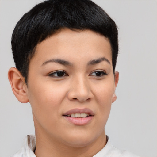 Joyful asian young-adult female with short  brown hair and brown eyes