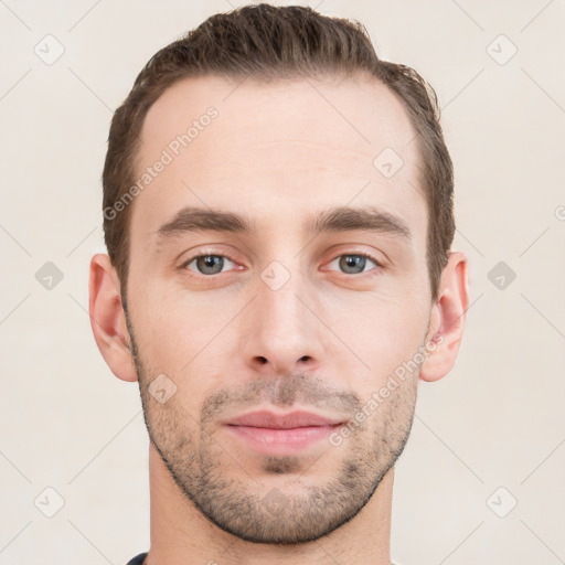 Neutral white young-adult male with short  brown hair and grey eyes