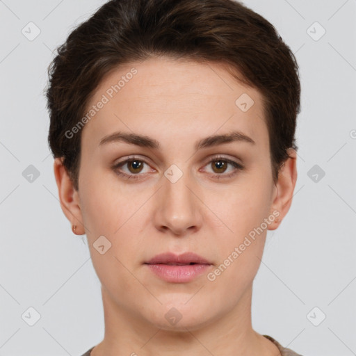 Neutral white young-adult female with short  brown hair and brown eyes