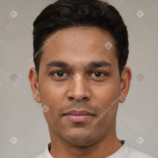 Neutral latino young-adult male with short  black hair and brown eyes