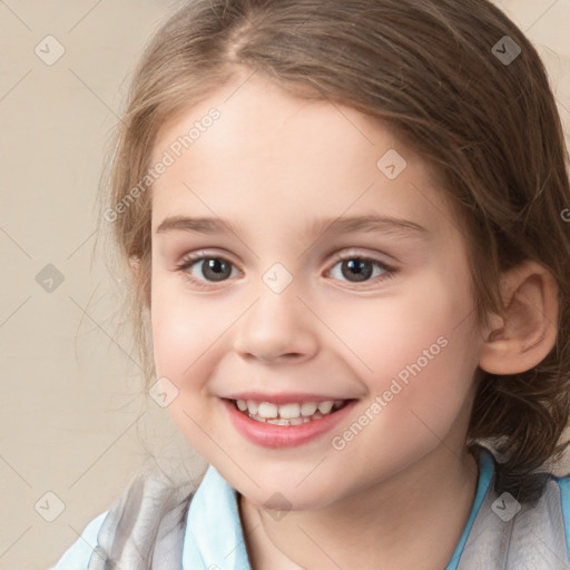 Joyful white child female with medium  brown hair and brown eyes