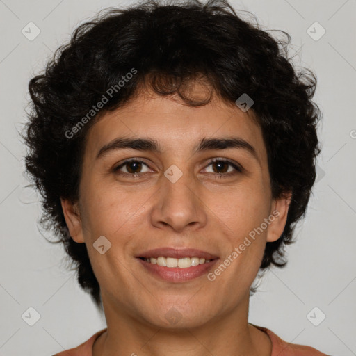 Joyful white adult female with short  brown hair and brown eyes