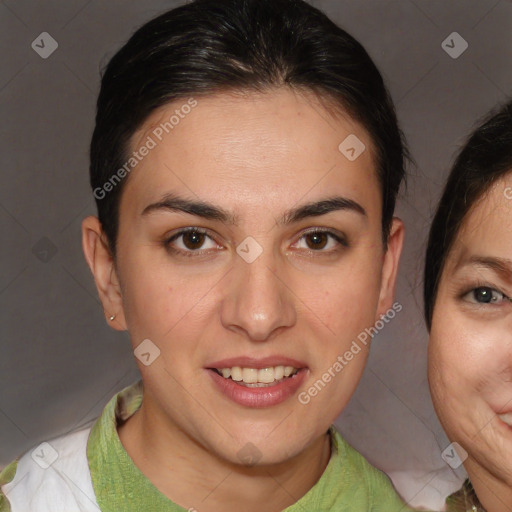 Joyful white young-adult female with medium  brown hair and brown eyes