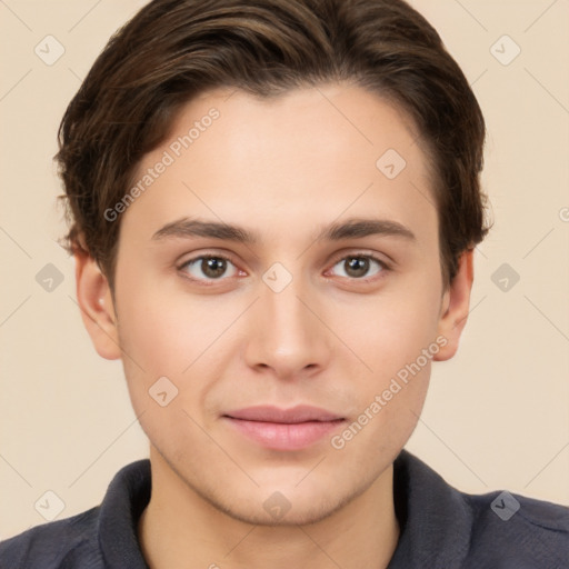 Neutral white young-adult male with short  brown hair and brown eyes