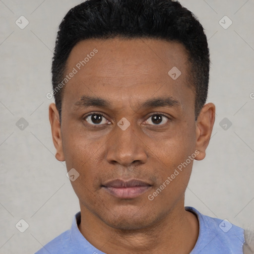 Neutral black young-adult male with short  black hair and brown eyes