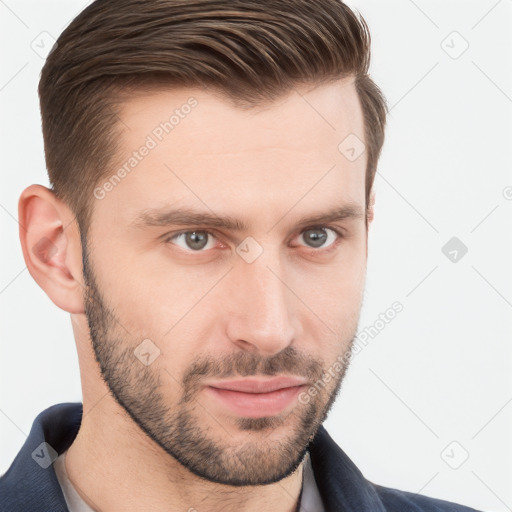 Neutral white young-adult male with short  brown hair and brown eyes