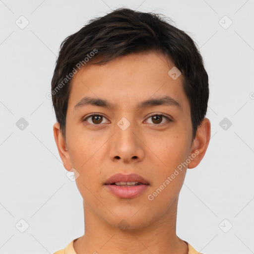 Neutral asian young-adult male with short  brown hair and brown eyes