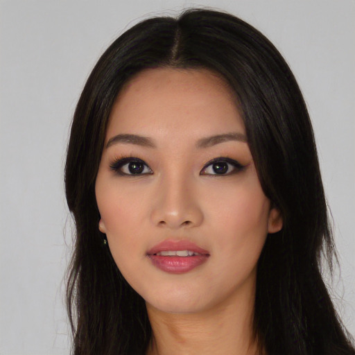 Neutral asian young-adult female with long  black hair and brown eyes