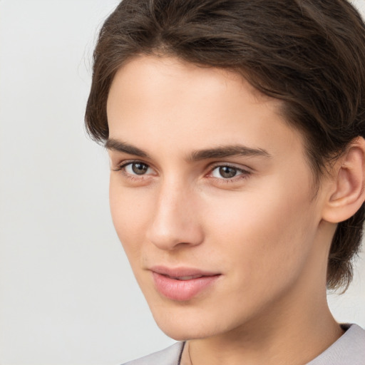 Neutral white young-adult female with medium  brown hair and brown eyes