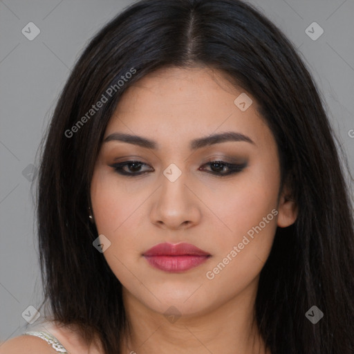 Neutral latino young-adult female with long  brown hair and brown eyes