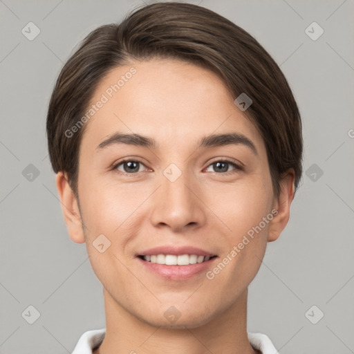 Joyful white young-adult female with short  brown hair and brown eyes