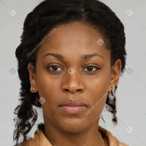 Neutral black young-adult female with short  brown hair and brown eyes