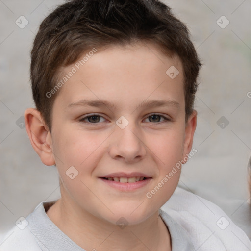 Joyful white child male with short  brown hair and brown eyes