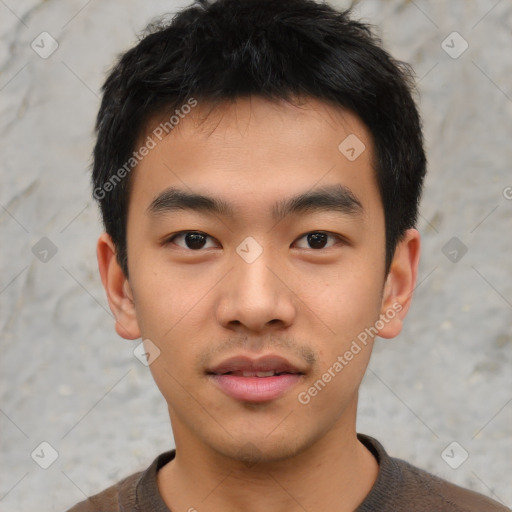 Neutral asian young-adult male with short  black hair and brown eyes