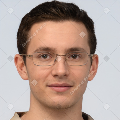 Joyful white adult male with short  brown hair and grey eyes